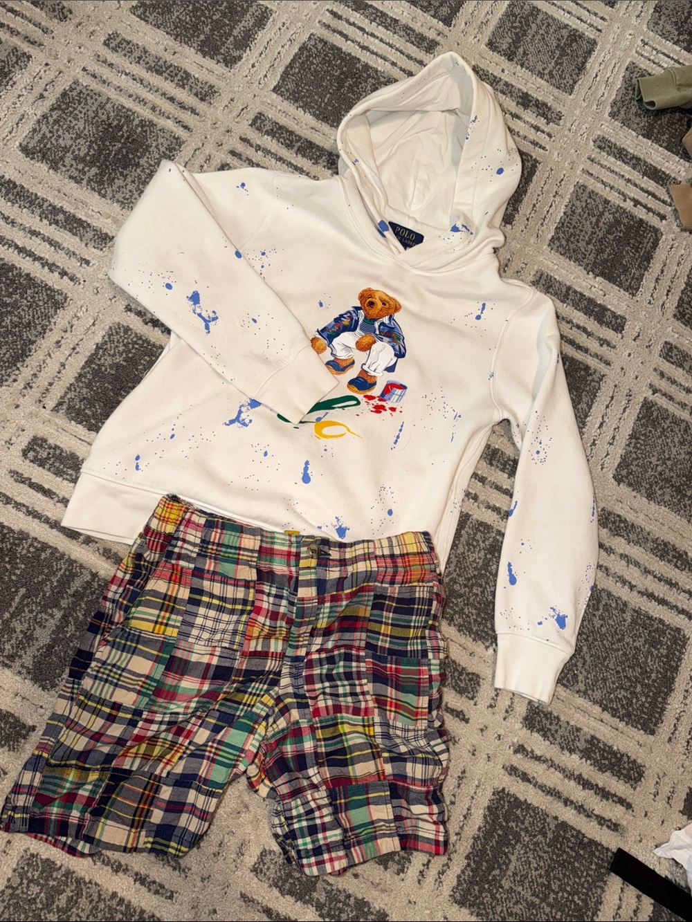 Polo by Ralph Lauren White Hoodie with Bear and Blue Paint Splatter